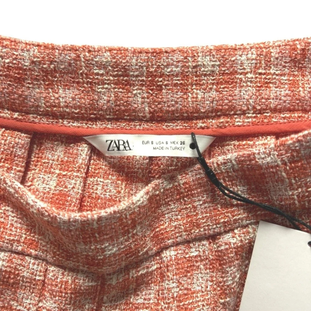 Zara Womens Small Orange White Tweed Plaid Pleated Mini Skirt Preppy Chic A-Line